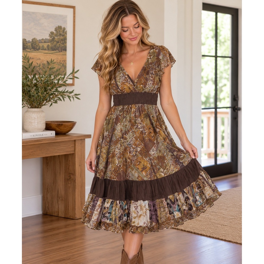 Jane Ashley Casual Lifestyle Boho Floral Print Smocked Waist Midi Dress‎ 1X